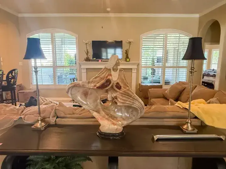 Decorative glass pieces set out on a table
